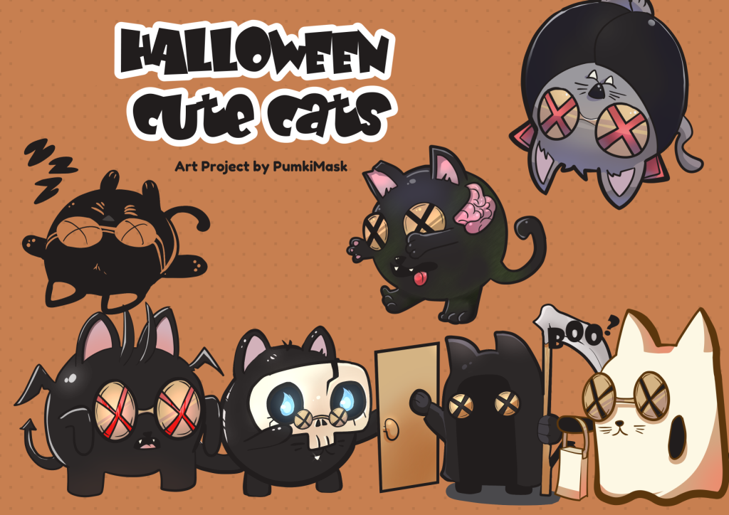 Design with various Cute Cats Drawings dressed in Halloween Costumes with letters. Halloween Cute Cats, Art Project by PumkiMask
