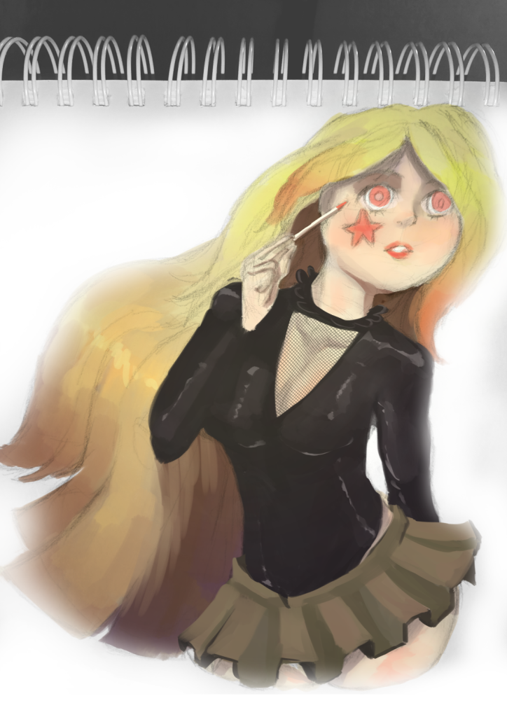 Drawing of a blonde cool girl, in mixed media. By PumkiMask
