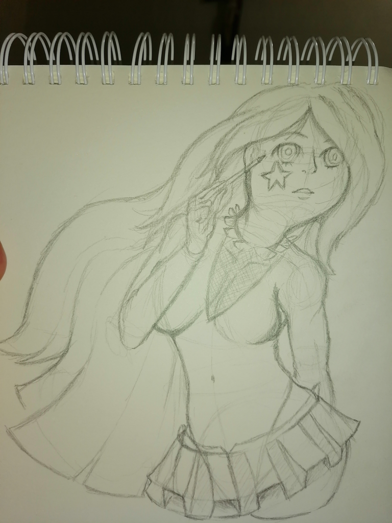 Drawing in a sketchbook of a girl with a cool pose by PumkiMask