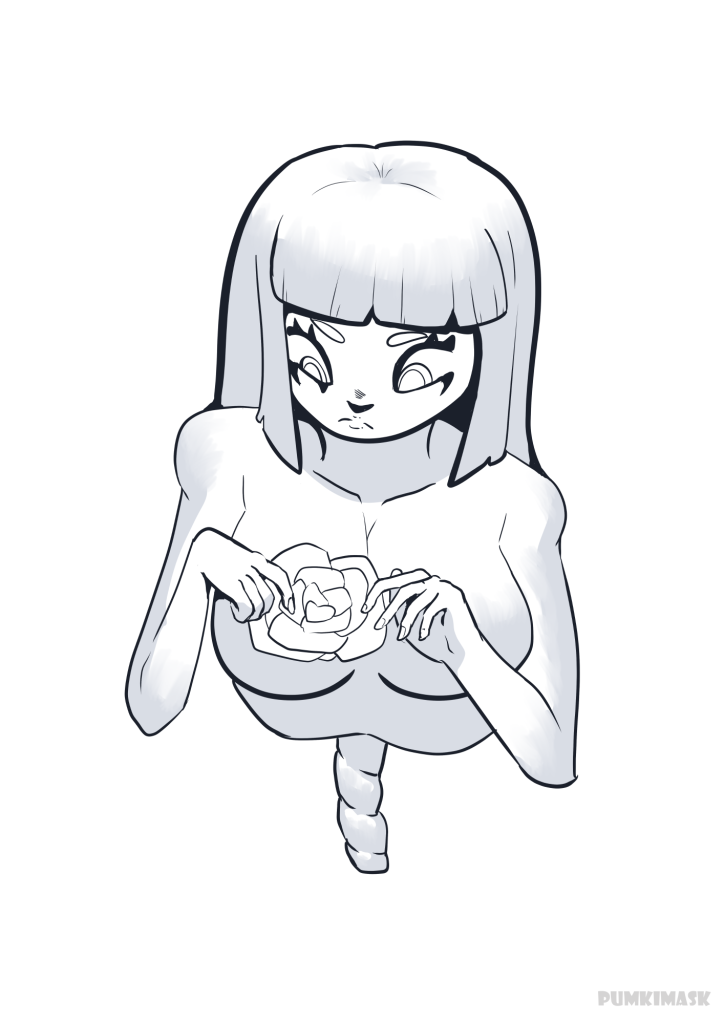 An illustration of a girl pointing at her chest to a flower, she is just the part of the upper body, you can see her spine