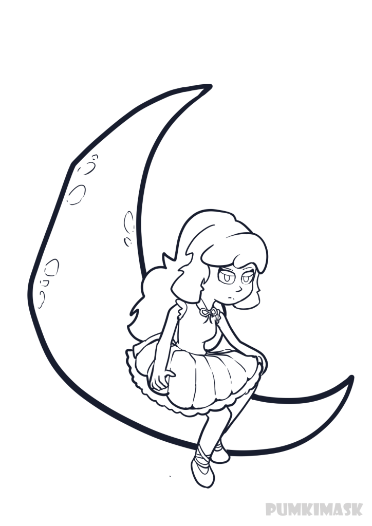 An illustration of a girl sitting in a moon, very princess like