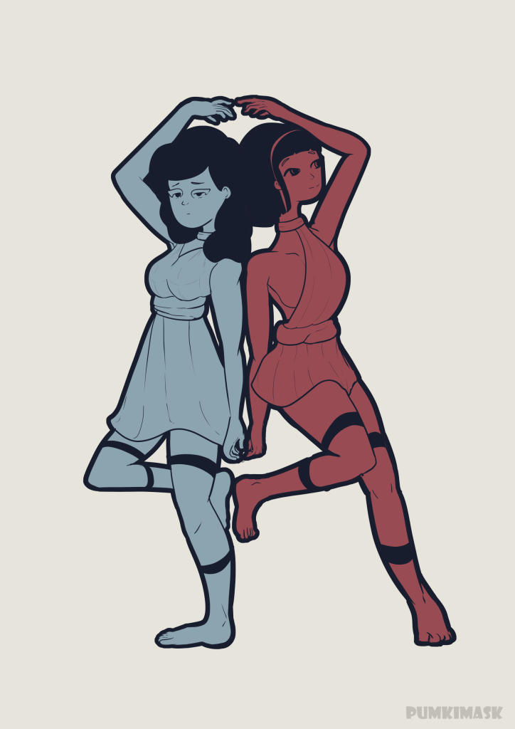 And illustration of 2 girls with what appears to be dresses from old greece, no shadows just the color blue for the one looking calm and red for the one that looks more active and extrovert