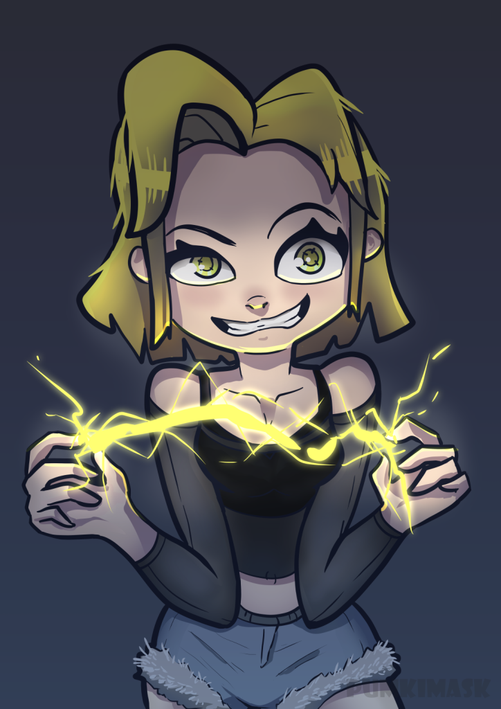 An illustration of a cartoon girl with a crazy face and manipulating electricity on her hands