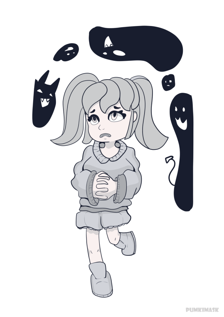 An illustration of a cute girl wearing a swearter and shorts, looking afraid of the shadows behind her