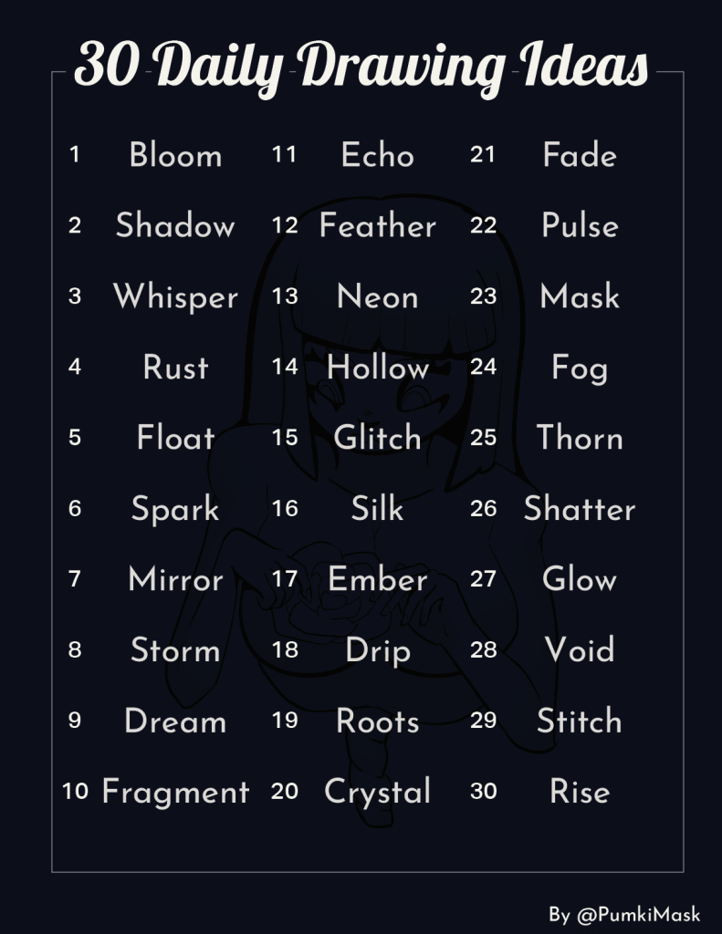 A list of 30 Drawing Ideas to make, just words that functions as themes.